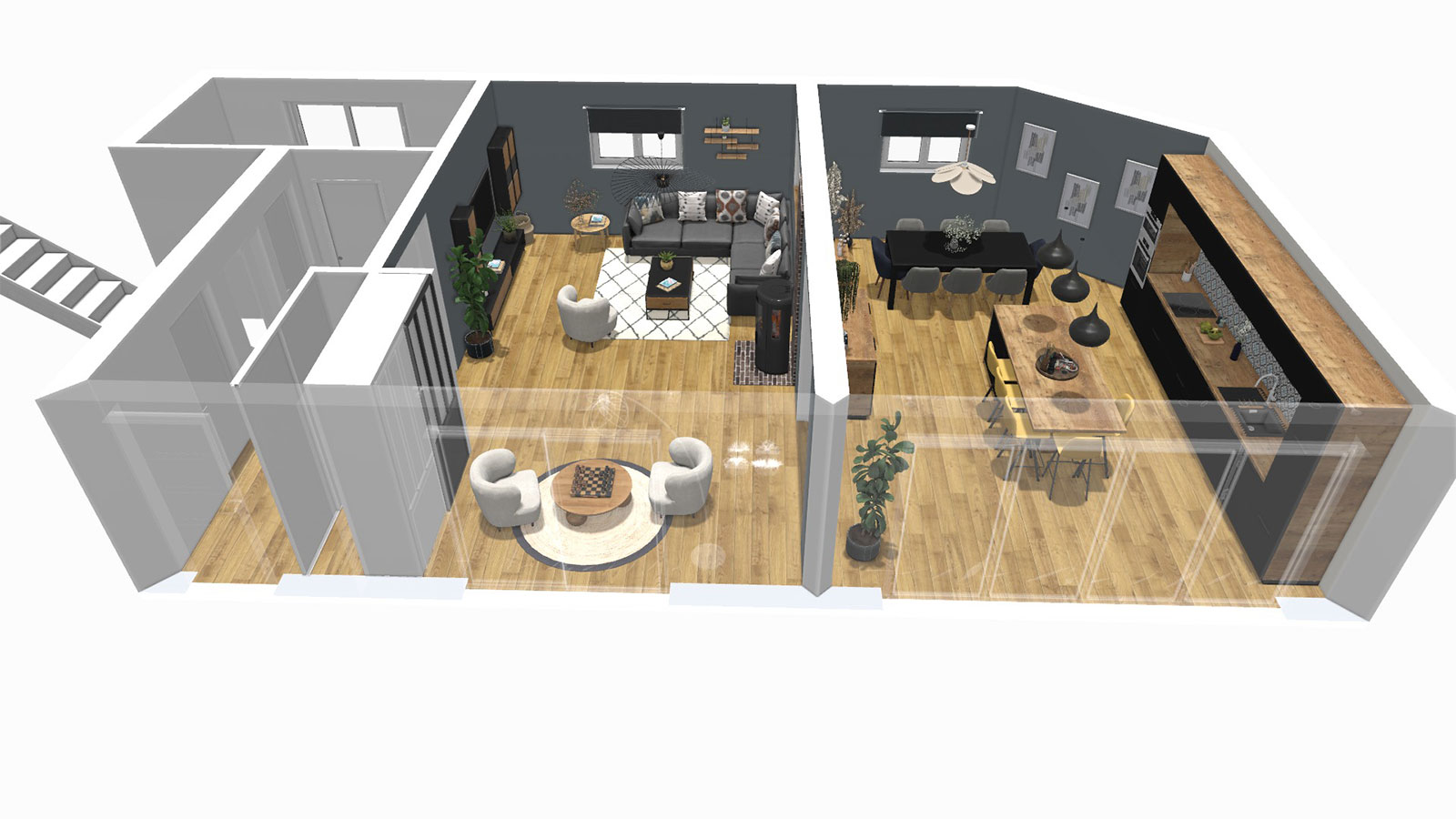 plan-vue-de-haut Pièce de vie après extension